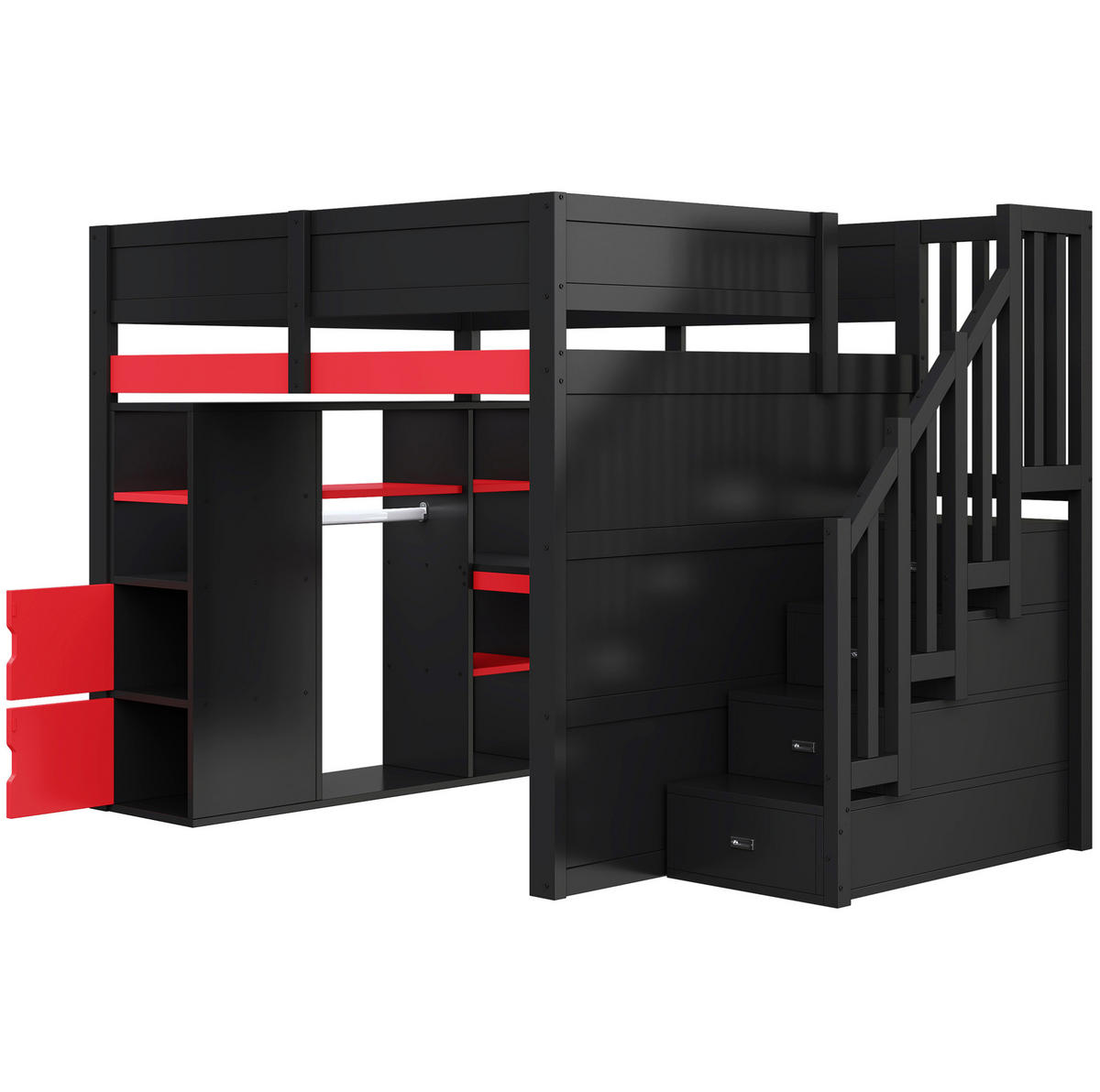 HOCHBETT 140/200 cm mit Schreibtisch, LED-Beleuchtung und Stauraum aus Holzwerkstoff, Schwarz/Rot - Schwarz, Holzwerkstoff (140/200cm) - Redom