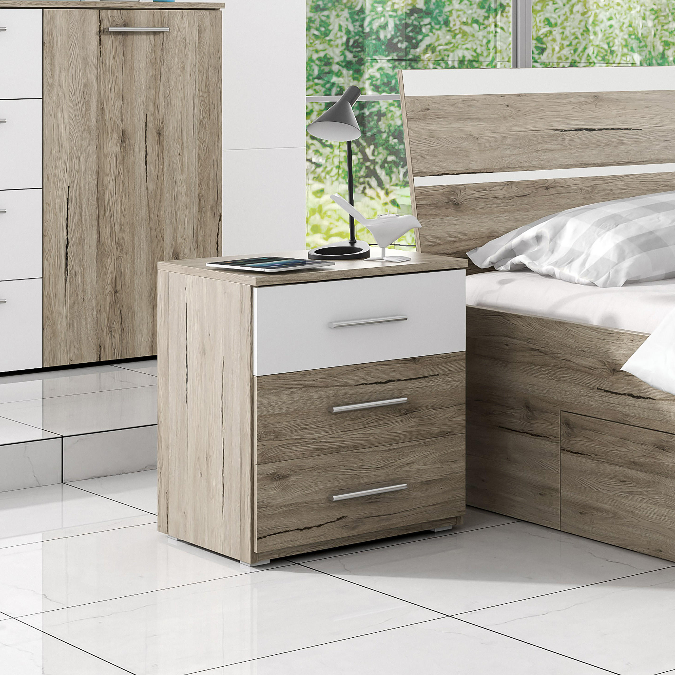 NACHTTISCH BETTINA 47/56/41 cm Weiß - Eiche San Remo, Holzwerkstoff (47/56/41cm) - MASSENO