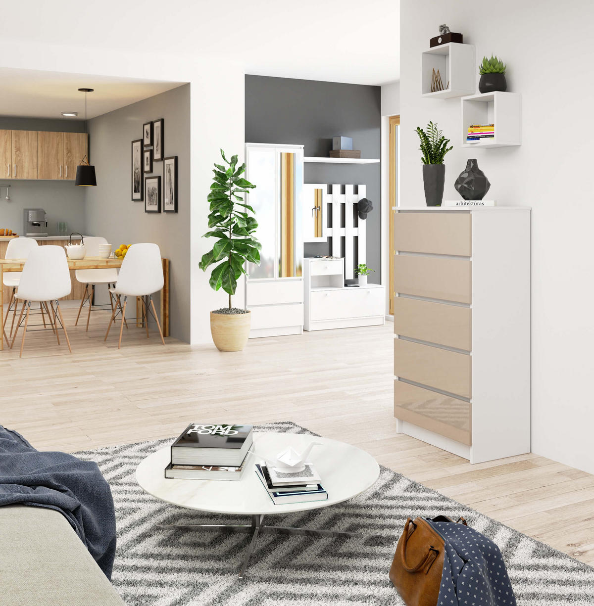 KOMMODE Weiß, Cappuccino Glanz 121/60/40 - Weiß, Holzwerkstoff (60/121/40cm) - RAUMHIRSCH FURNITURE