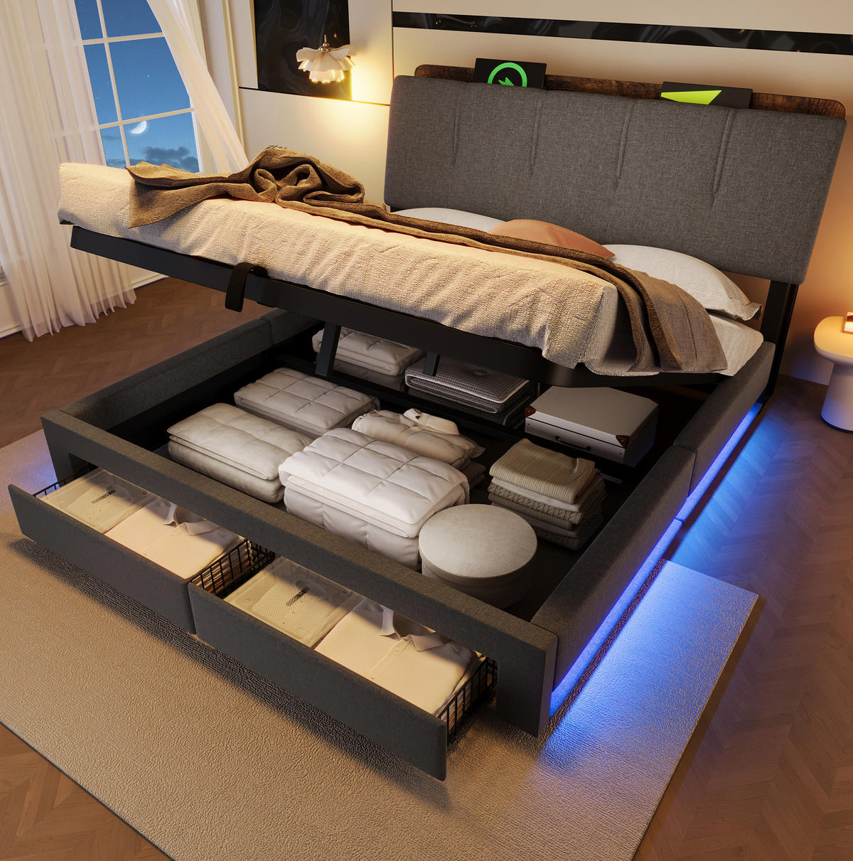 POLSTERBETT 140/200 cm Grau mit LED, USB-C, Bettkasten und Schubladen aus Leinen - Grau, Textil (140/200cm) - OKMYHOME