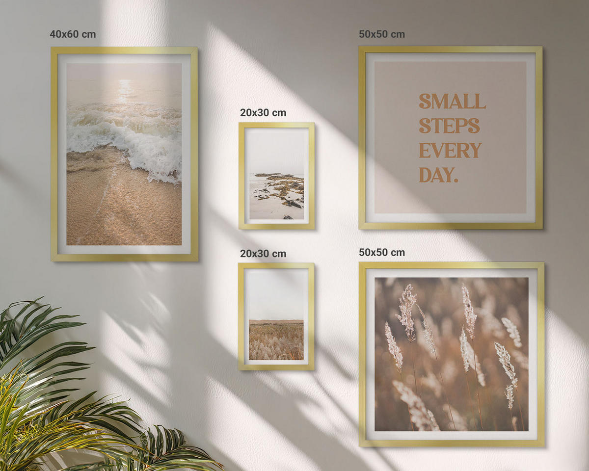 WANDBILDER 5er Set - 50x50 cm & 20x30 cm & 40x60 cm Goldrahmen - Strandwellen, Steine, Sommer - Goldfarben, Kunststoff (40/60cm) - ArtPrintCave