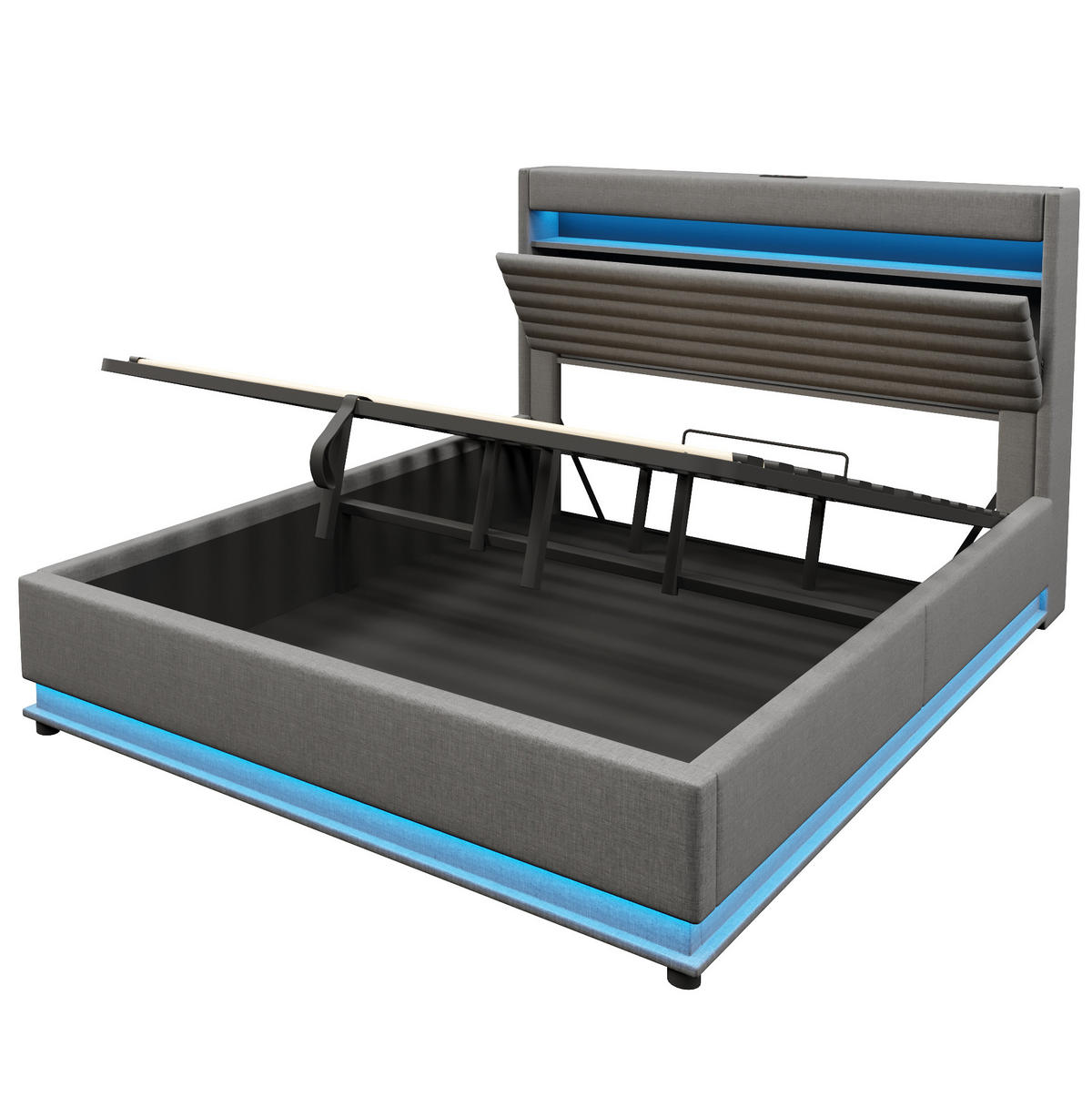 POLSTERBETT 180/200 cm mit LED-Beleuchtung, USB- und Typ-C-Anschluss, hydraulischem Stauraum und Leinenbezug, Grau - Grau, Textil (180/200cm) - Redom