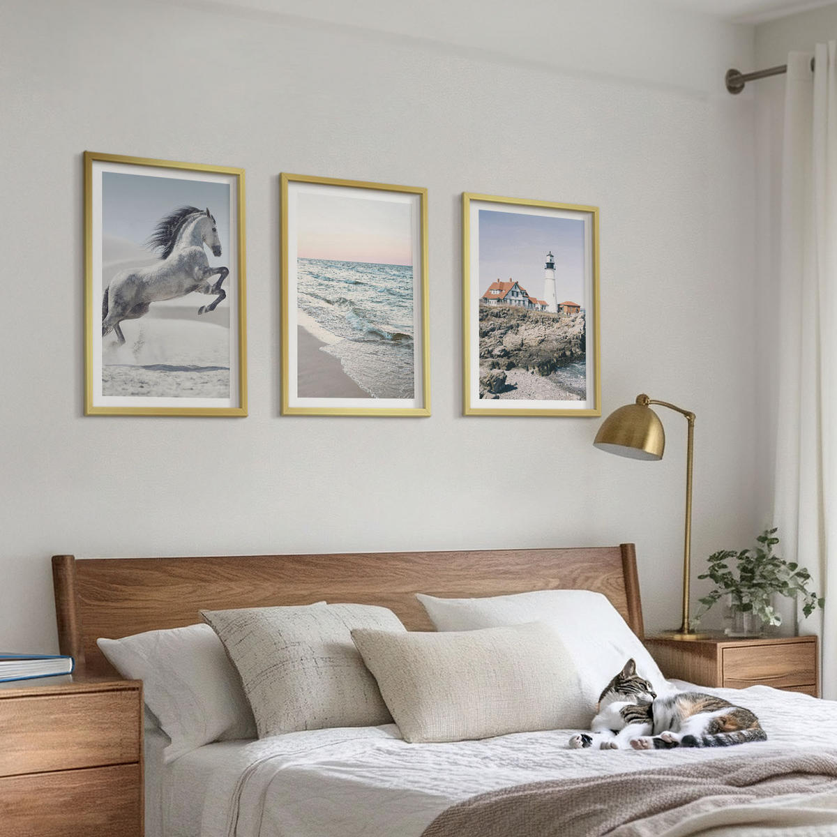 BILDER SET 3er Set - 40x60 cm Goldrahmen - Pferde, Strand, Leuchtturm, Wellen - Goldfarben, Kunststoff (40/60cm) - TULUP
