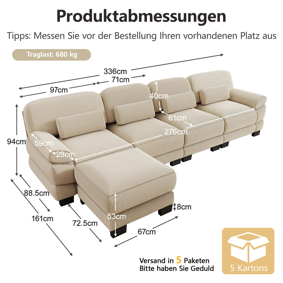 ECKSOFA 4-Sitzer L-Form mit Hocker, DE-42659, Beige - Beige, Holz (336/161cm) - ComfortXL