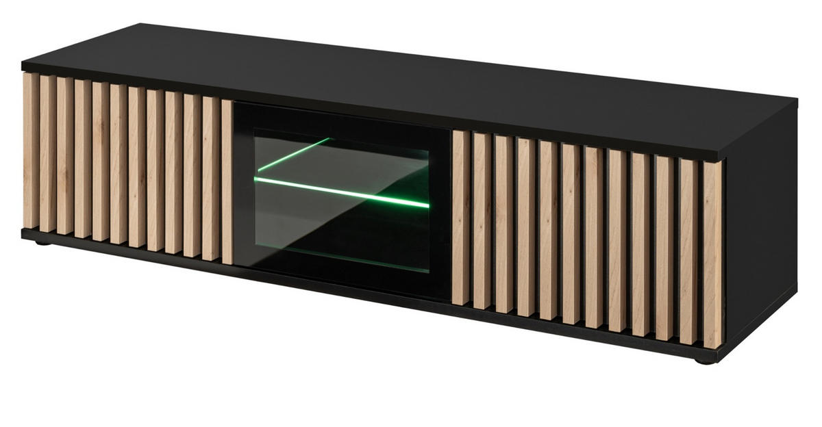 TV-LOWBOARD schwarz, Eiche Jackson 163 cm, TV Unterteil mit 3D-Lamellen inklusive Beleuchtung - Eichefarben/Schwarz, Glas/Holzwerkstoff (160/42/45cm) - Furn.Design