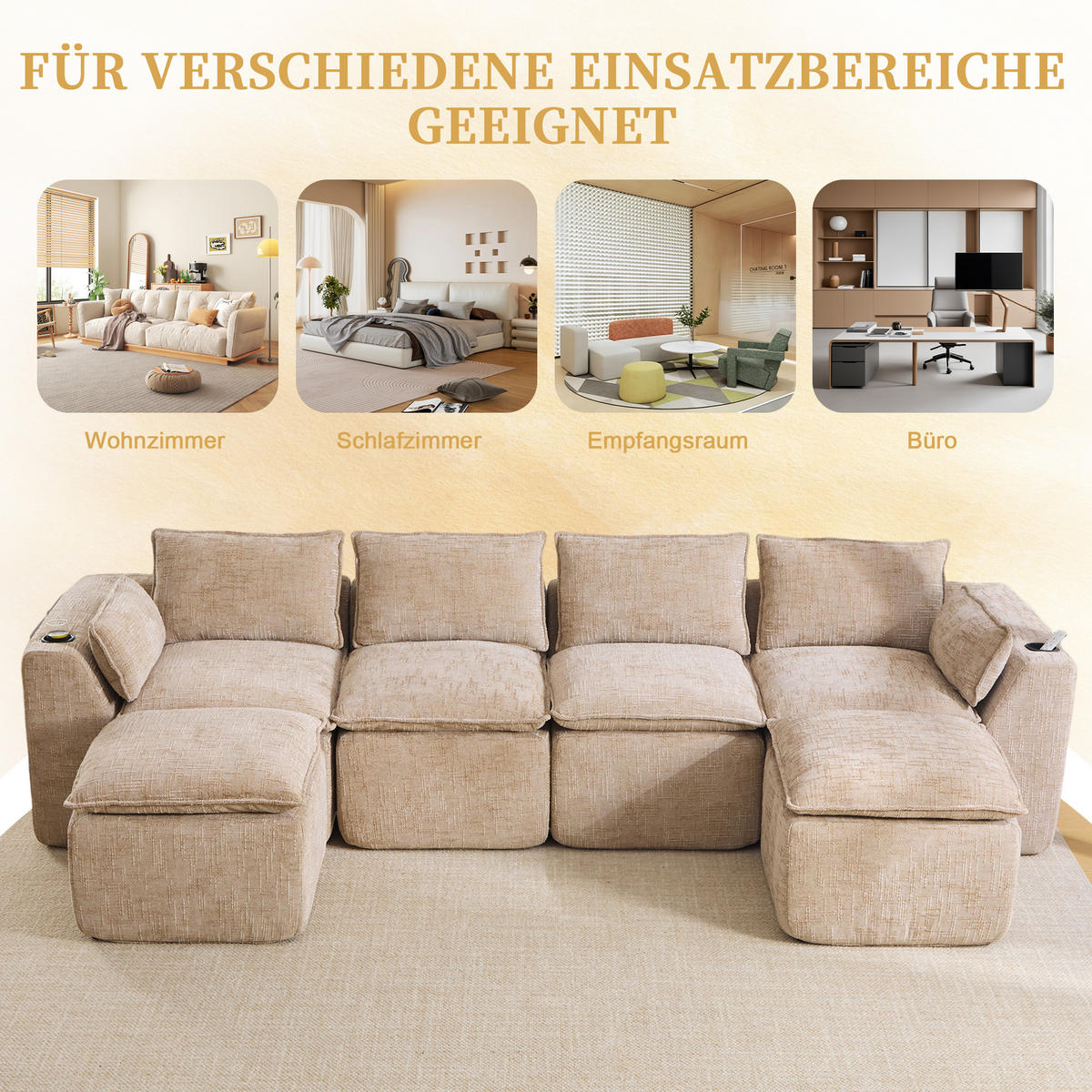 CANAPEA CU 4 LOCURI din chenille, cu 2 taburete și suporturi pentru băuturi - nisipiu, material textil (322/75/161cm) - Urban Meuble