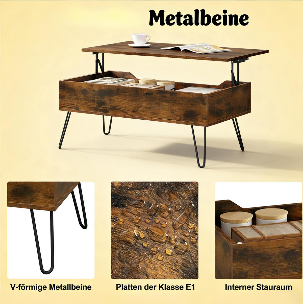 COUCHTISCH 95/50/40-55,5 cm höhenverstellbar mit Stauraum und Metallgestell in V-Form, Rustikales Braun - Braun, Holzwerkstoff (95/50/55.5cm) - Redom
