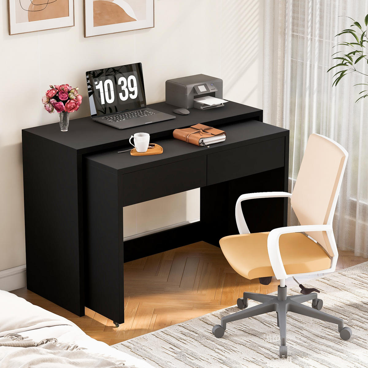 SCHREIBTISCH 2-in-1 Kommode ausziehbar Rollen Holz 1,8 cm modern - Schwarz, Holzwerkstoff (110/40/78cm) - FLIEKS