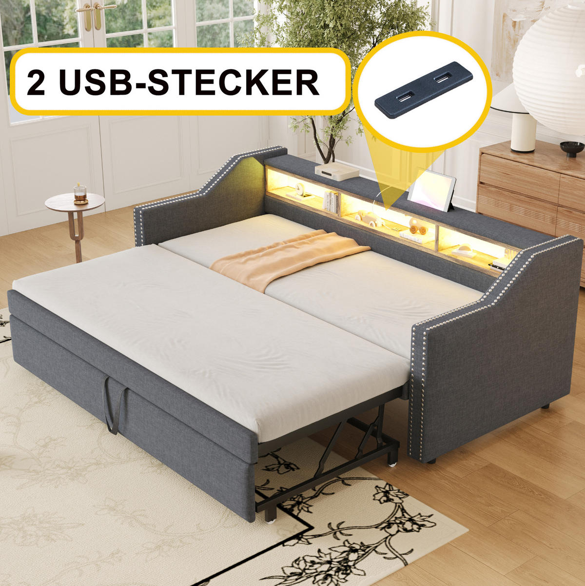 POSTEL, 90/180/190 cm, tmavě šedá, s výsuvným lůžkem a USB - tmavě šedá, textil (90/190cm) - BEAOK