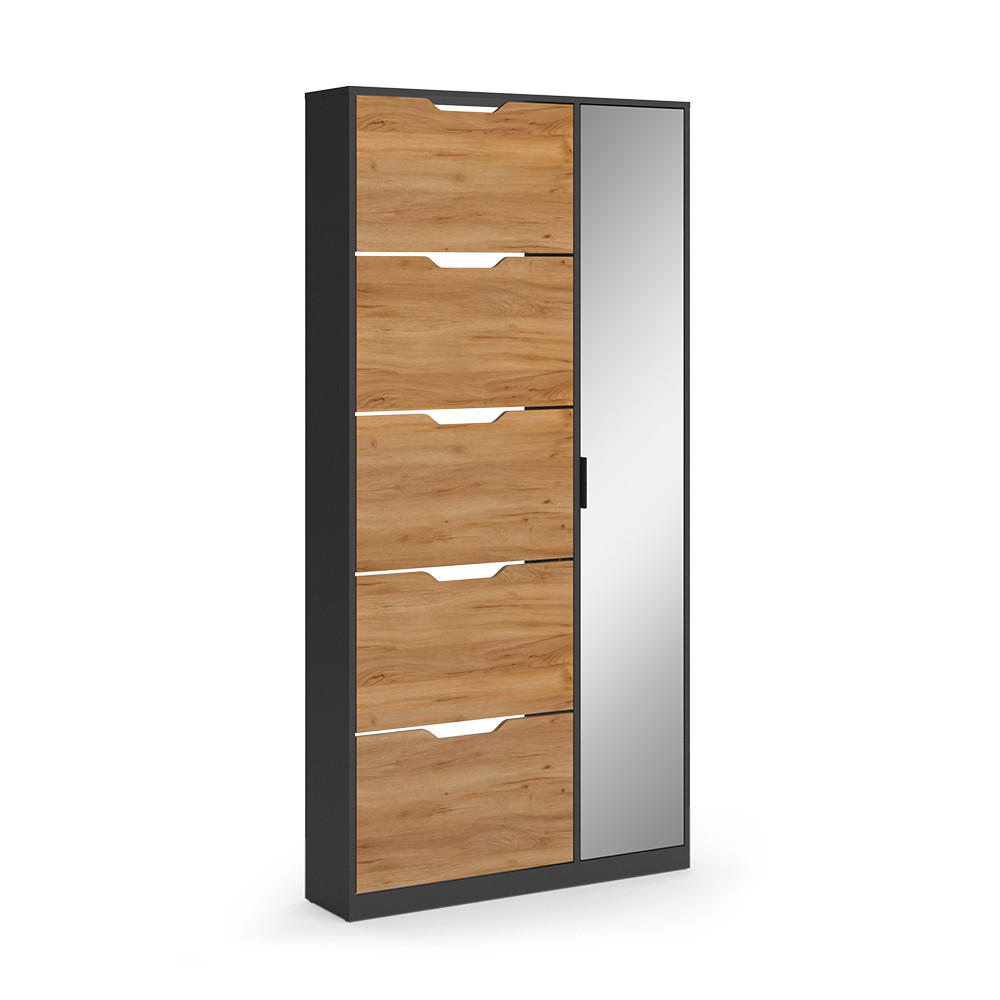 SKOTIPPARE Luca, antracit/Goldkraft ek, 90x180.5 cm med 5 lutbara fack och spegel Antracit, Honungsek 180.5/90/22 cm