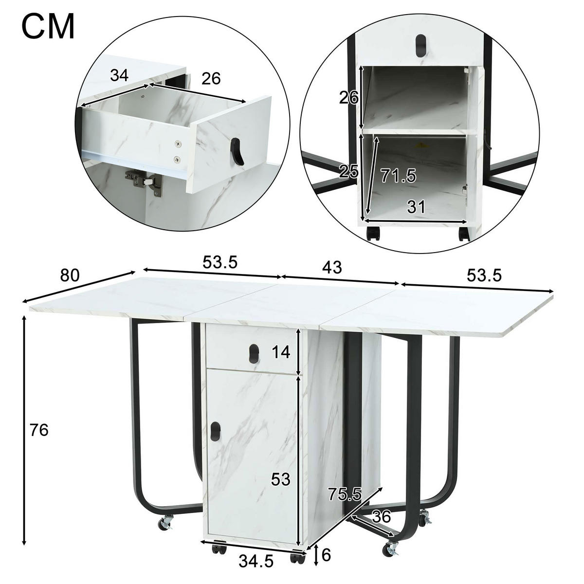 KLAPPBARER Esstisch 60 kg mit 2 Schubladen und Riemenscheibe Weiß MDF - Schwarz/Weiß, Holzwerkstoff (150/80/76cm) - OKWISH