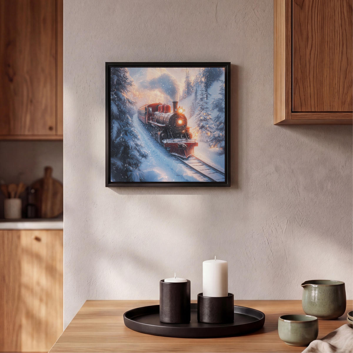 LEINWAND Bilder mit Rahmen - Weihnachtszug - Schnee - Winter - Weihnachten - 20x20 - Dunkelrot, Textil (20/20cm) - MuchoWow