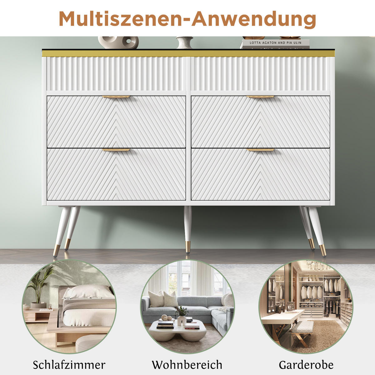 KOMMODE in Weiß Sideboard aus Bernstein Glas mit Schubladen für Wohnzimmer und Schlafzimmer, B120/T40/H76 cm - Weiß, Holzwerkstoff/Metall (120/76/40cm) - STILVORA