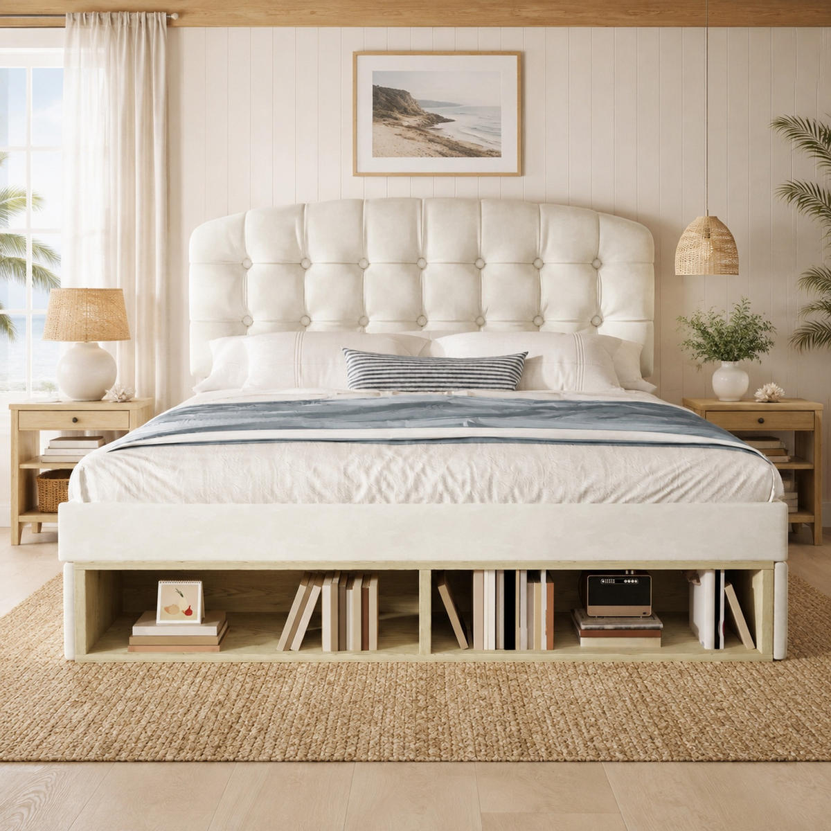 POLSTERBETT 140/200 mit Schubladen, Stauraum und höhenverstellbarem Kopfteil in Beige - Beige, Holzwerkstoff/Textil (140/200cm) - EVRYAE