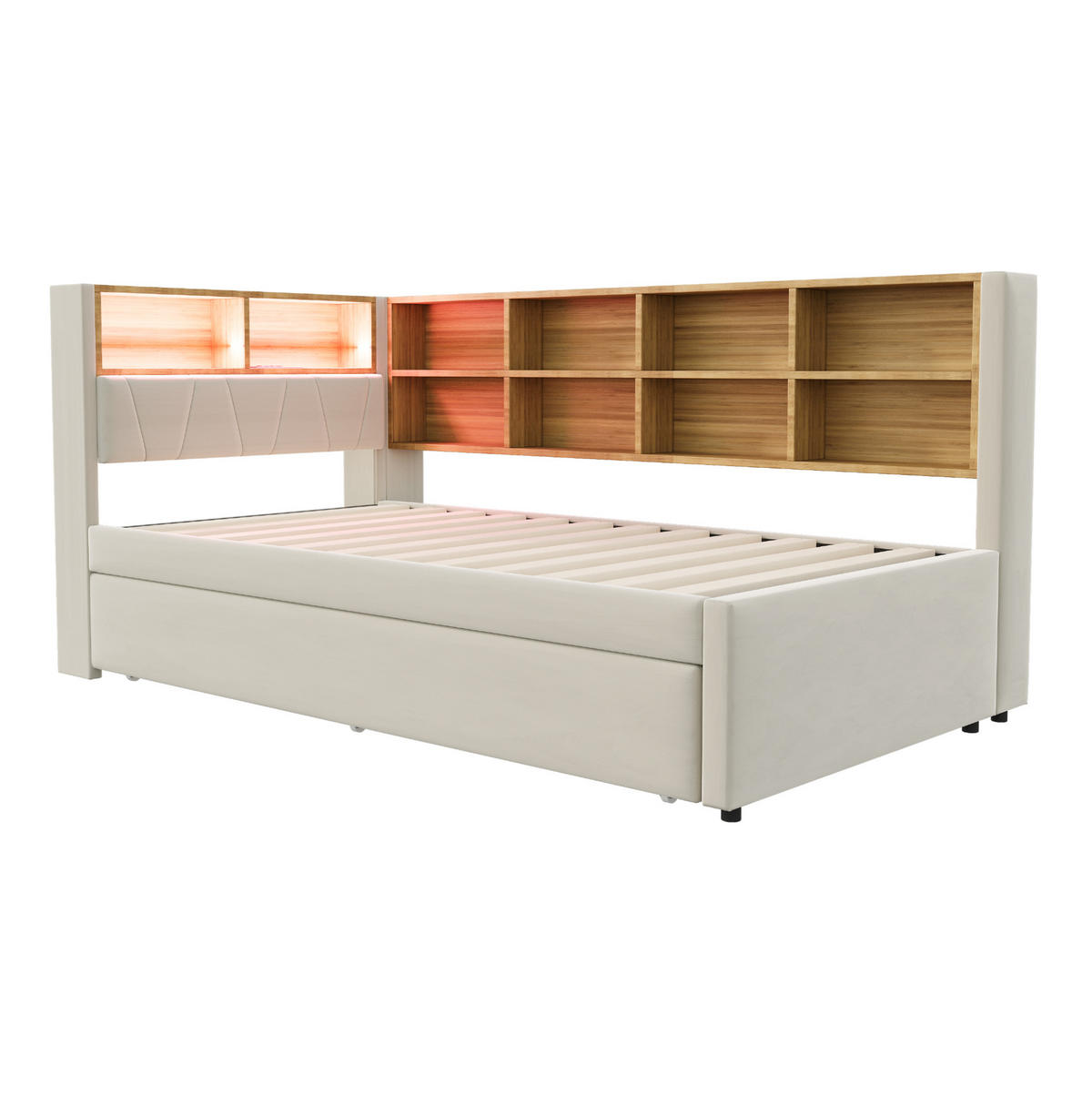 AUSZIEHBETT 90/200 cm in Beige mit LED-Beleuchtung und Stauraum - Beige, Textil (90/200cm) - Flora Grace