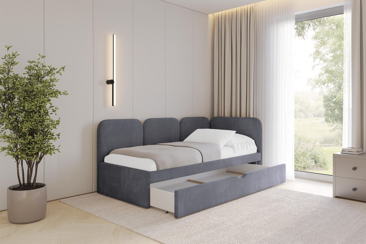 EINZELLBETT Jugendbett mit Bettkasten, Links - ALVY 100x200 Dunkelgrau - Dunkelgrau, Holzwerkstoff/Textil (100/200cm) - ALTDECOR