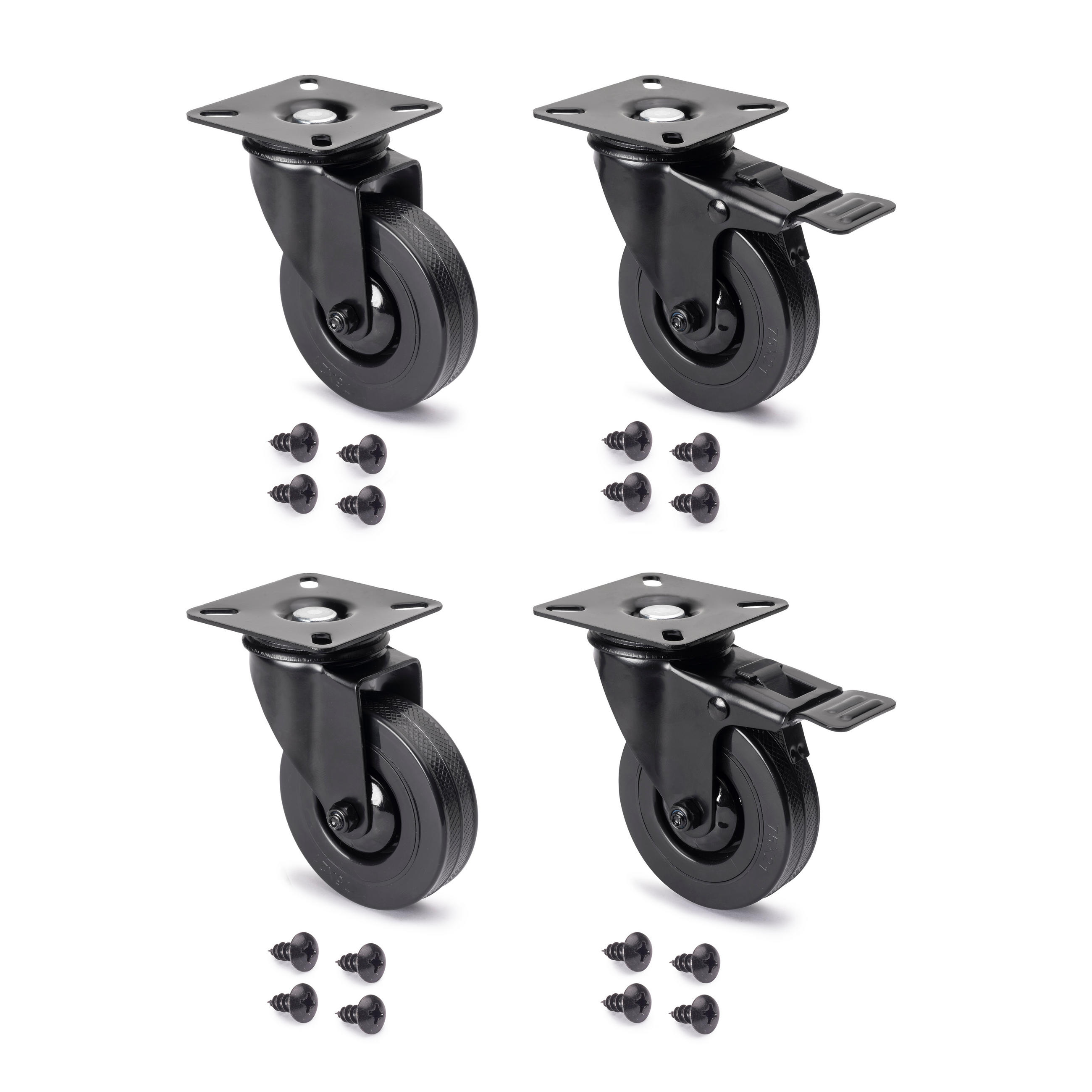 ROLLEN Black mit Montageplatte, Durchmesser 75mm, Kunststoff und Stahl, schwarz 4er-set - Schwarz, Kunststoff (6.5/10/6.5cm) - EMUCA