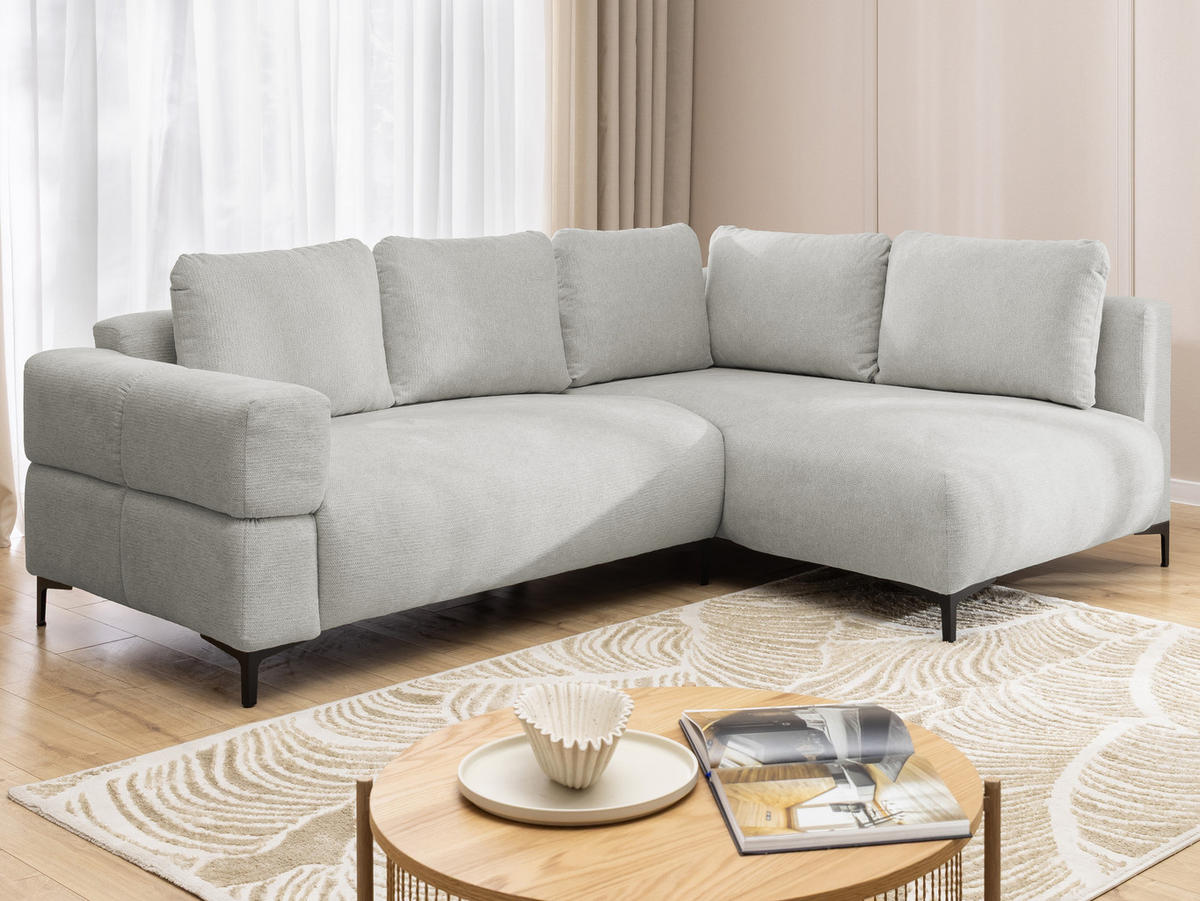 ECKSOFA Cardea in Bubble-Optik aus weichem Hellgrau Strukturstoff mit hohem Sitzkomfort - Ottomane rechts - Hellgrau/Schwarz, Holz/Textil (230/170cm) - S-Style Möbel