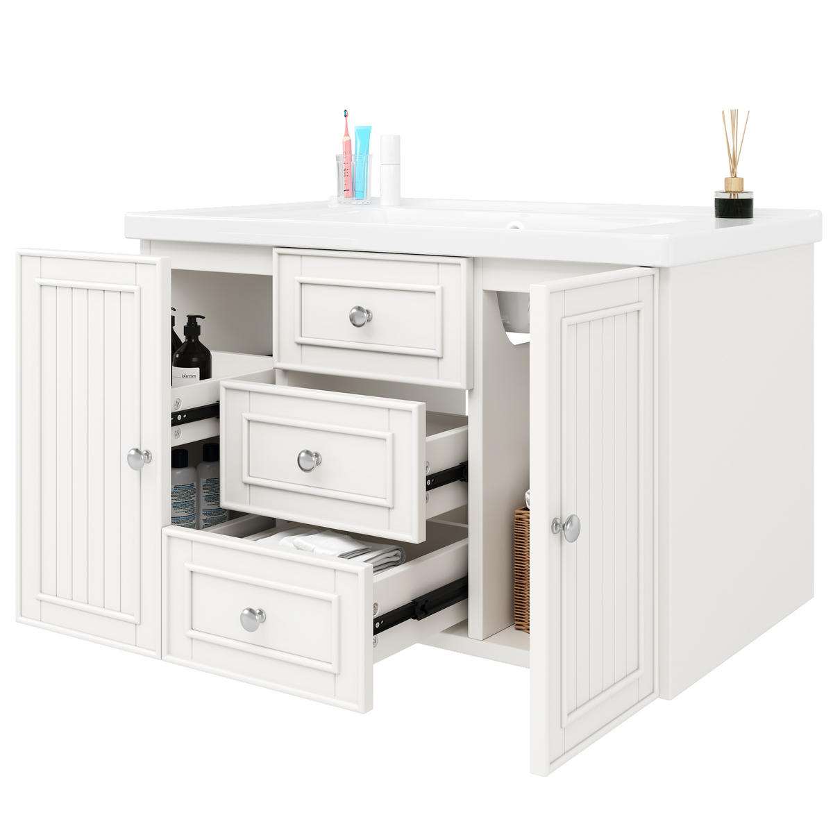 WASCHTISCH 78.5x46x46.8cm Weiß Mit 3 Schubladen & Waschbecken - Weiß, Holzwerkstoff (46/46.8/78.5cm) - FLIEKS