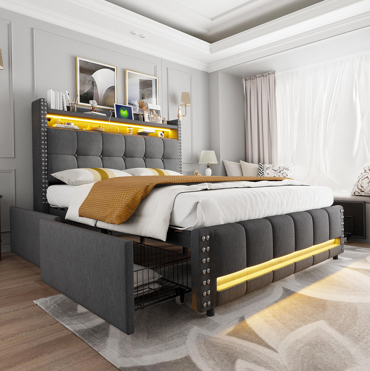 POLSTERBETT mit Stauraum und LED 140x200 cm Grau - Grau, Metall (140/200cm) - Meubliv