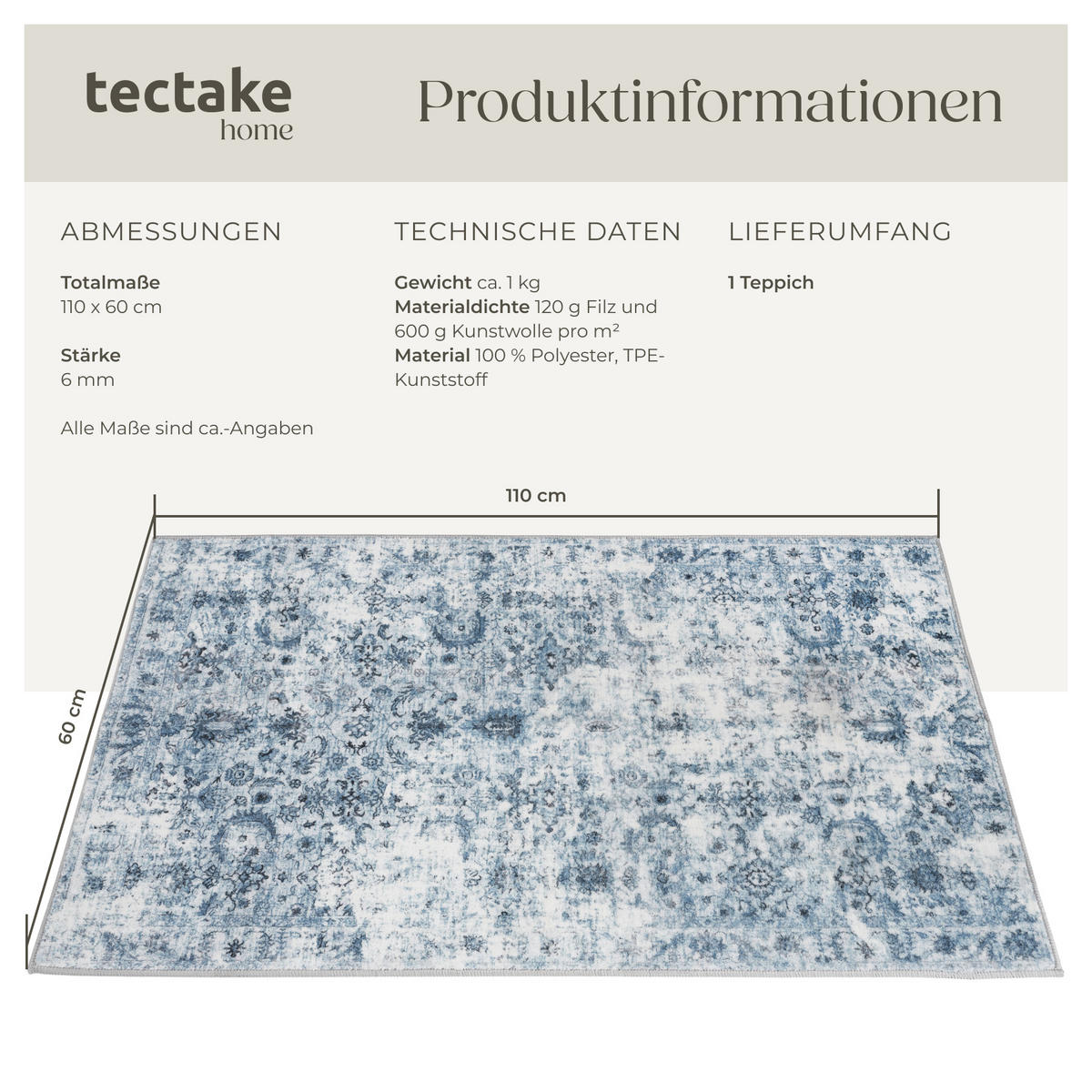 TEPPICH Vintage Design Amara,rutschfeste Unterseite,blau - Blau, Kunststoff (60/110cm) - tectake