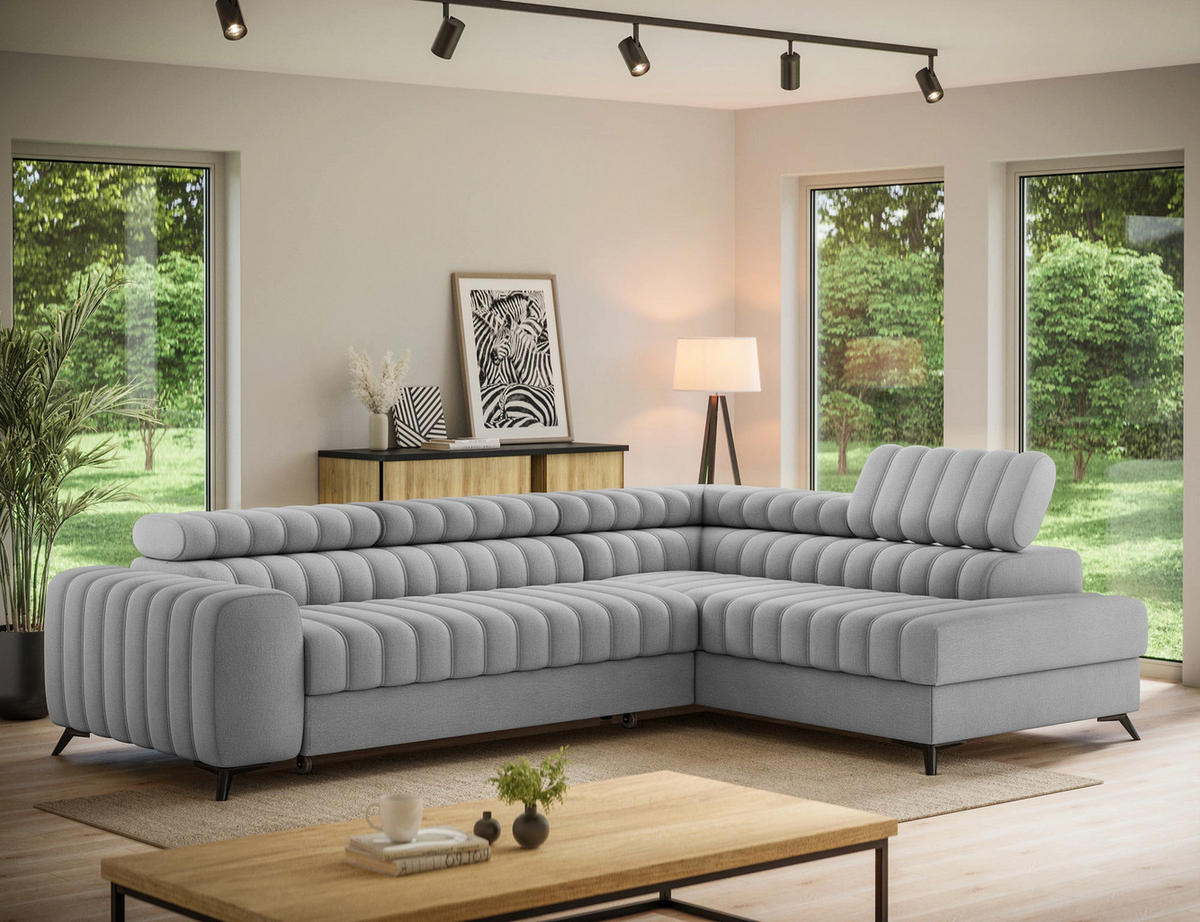 KANEDO Ecksofa mit Schlaffunktion und Bettkasten – Modernes Designsofa, verstellbare Kopfstützen, Metallfüße - Grau, Kunststoff (269/86cm) - Wohnideebilder