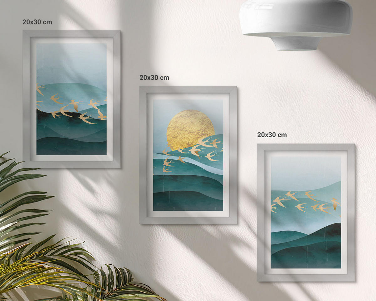 WANDBILDER 3er Set - 20x30 cm Silberner Rahmen - Abstrakte Sonnenuntergangslandschaften - Silberfarben, Kunststoff (20/30cm) - ArtPrintCave