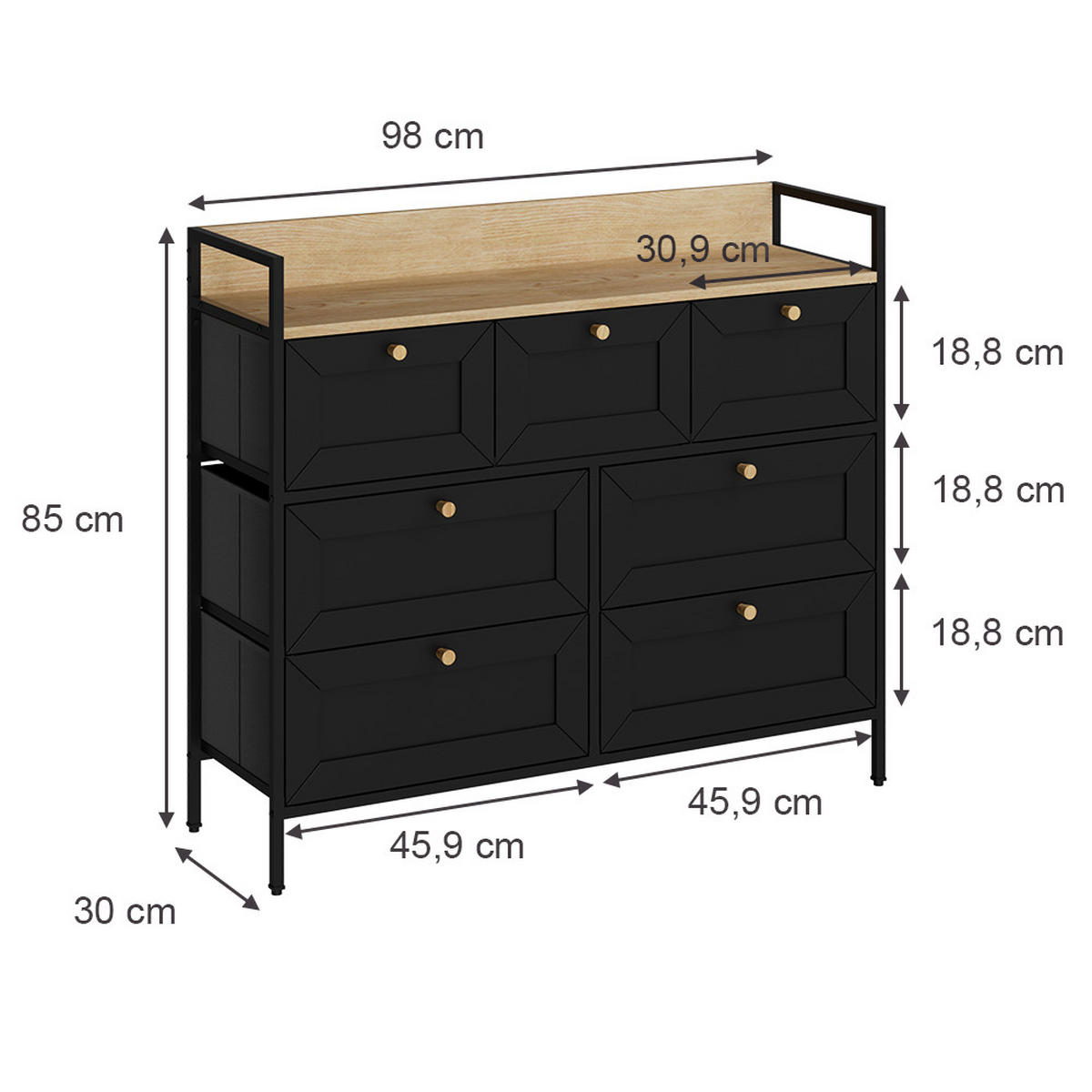 KOMMODE Belaro Schwarz 98 x 85 cm mit 7 Schubladen - Schwarz, Holzwerkstoff (98/85/30cm) - Vicco