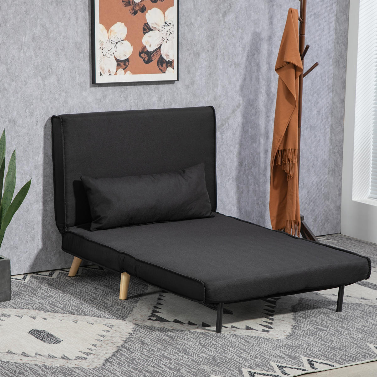 SCHLAFSESSEL, 2-in-1 Schlafsofa mit Bettfunktion, Zierkissen bis 350 kg Schwarz - Schwarz/Naturfarben, Holz/Textil (78/80/94cm) - HOMCOM