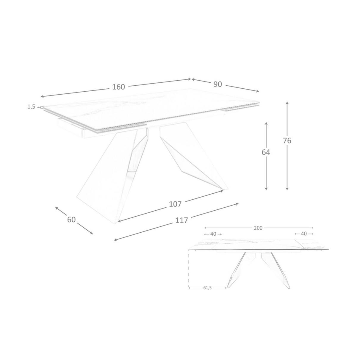 ESSTISCH Ausziehbarer Esstisch Rechteckig porzellanmarmor aus verchromter Stahl 160/90/76 cm - Edelstahlfarben/Weiß, Stein (90/160/76cm) - ANGEL CERDA
