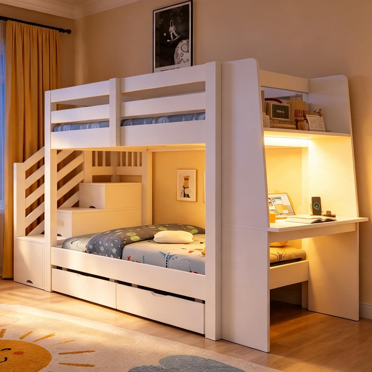 ETAGENBETT 90 x 200 cm mit Schreibtisch, LED und Schubladen, Weiß - Weiß, Holz (90/200cm) - FLIEKS