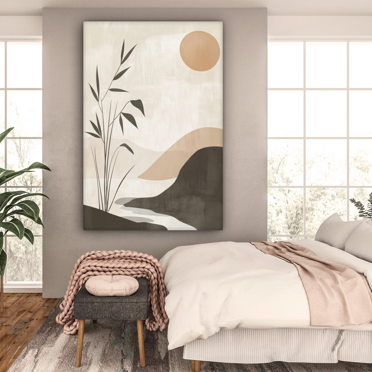 LEINWANDBILD Japandi - Landschaft - Beige 90x140 cm - Cognac, Textil (90/140cm) - MuchoWow