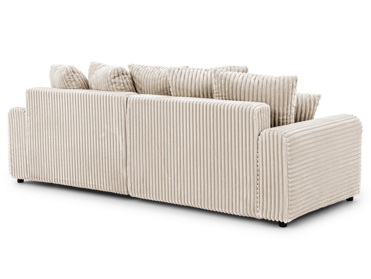 ECKSOFA Calma mit Schlaffunktion und Bettkasten im Bumpy-Design aus weichem Creme Plüschcord - Ottomane rechts - Creme/Schwarz, Holz/Kunststoff (140/239cm) - S-Style