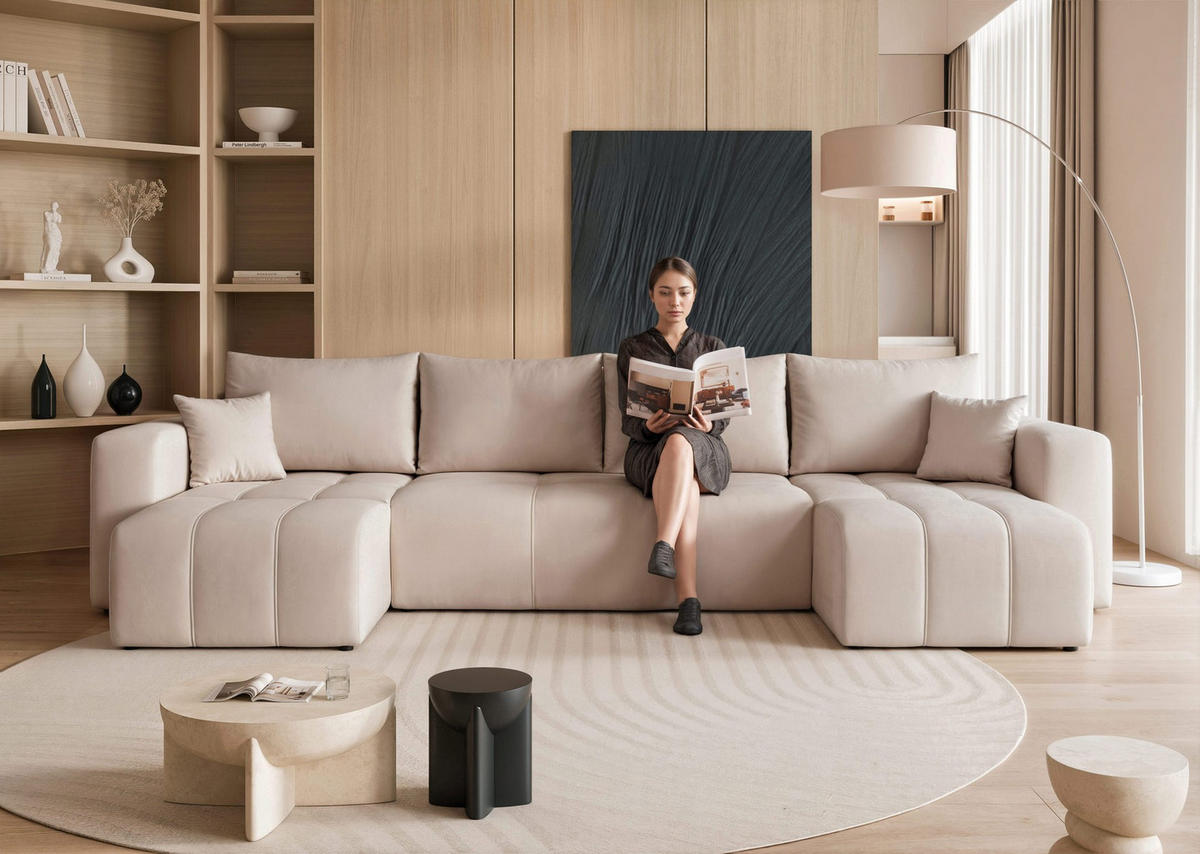 WOHNLANDSCHAFT U-Form Velours mit Bettkasten und Schlaffunktion - Beige, Holzwerkstoff/Textil (318/79/145cm) - Idohome