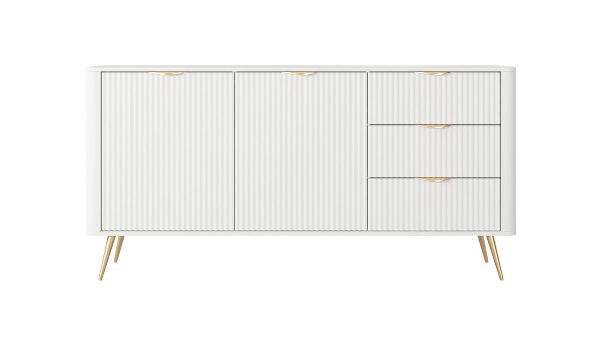 SIDEBOARD Flore 163 cm Weiß / Gold - mit 3 Schubladen und 2 Türen - Riffel-Optik - Gelb/Goldfarben, Holz/Holzwerkstoff (163/81/38cm) - Ravio