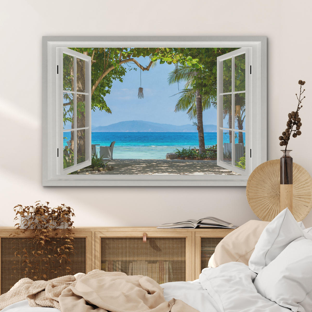 AKUSTIKBILD Aussicht - Baum - Meer - Palme - Hügel - Strand - Blau Wandbild Wohnzimmer 100x70 cm - Blau, Textil (100/70/0.9cm) - MuchoWow