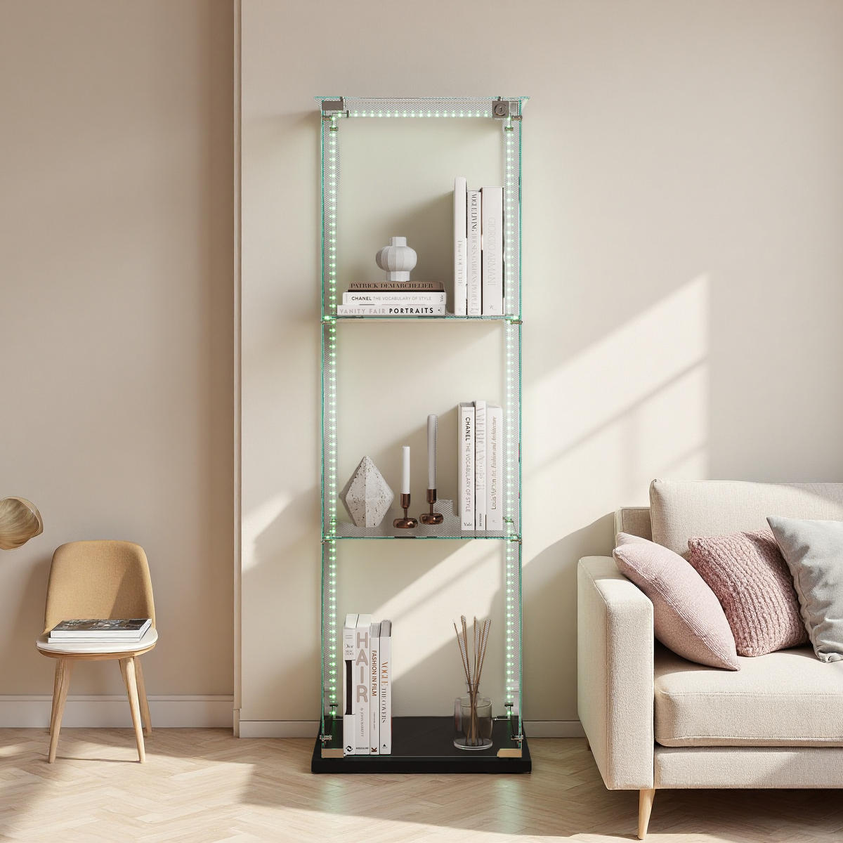 HOCHVITRINE mit LED, ESG-Glas, 3 Böden, Weiß, kompakt - Schwarz, Glas (35/123.3/39.8cm) - SHOPENTRA