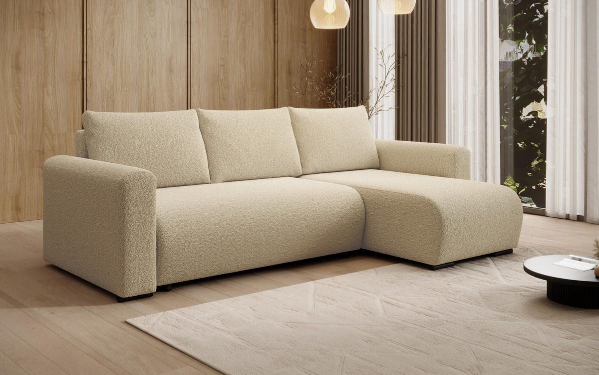 ECKSOFA DORA L, Eckcouch in L-Form mit Schlaffunktion und Bettkasten, Farbe: Creme, Bouclé-Stoff, Ottomane Rechts - Creme, Textil (240/143cm) - Storez24
