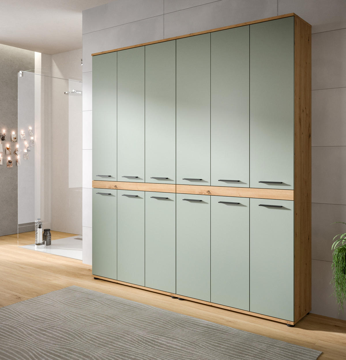 HOCHSCHRANK Salbei grün, Eiche Artisan 180 x 191 cm, XXL Mehrzweckschrank - Salbeigrün/Schwarz, Holzwerkstoff/Kunststoff (180/191/31cm) - Inn.Furn