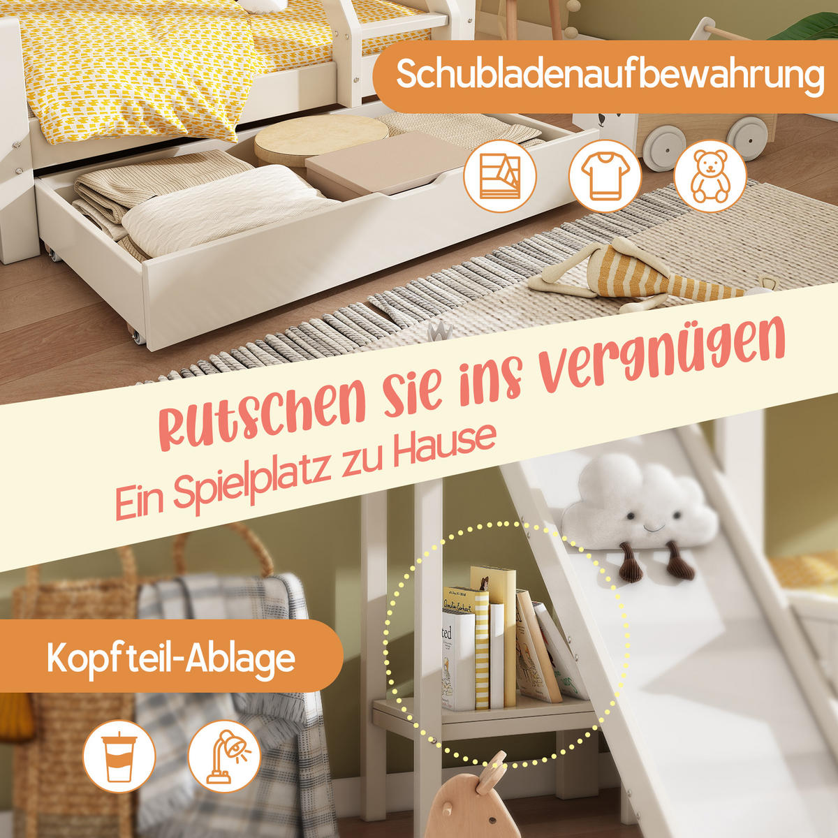 HOCHBETT aus Holz/MDF 90/140x200 cm in Weiß mit Rutsche & Schublade - Weiß, Holzwerkstoff (90/200cm) - Modfu