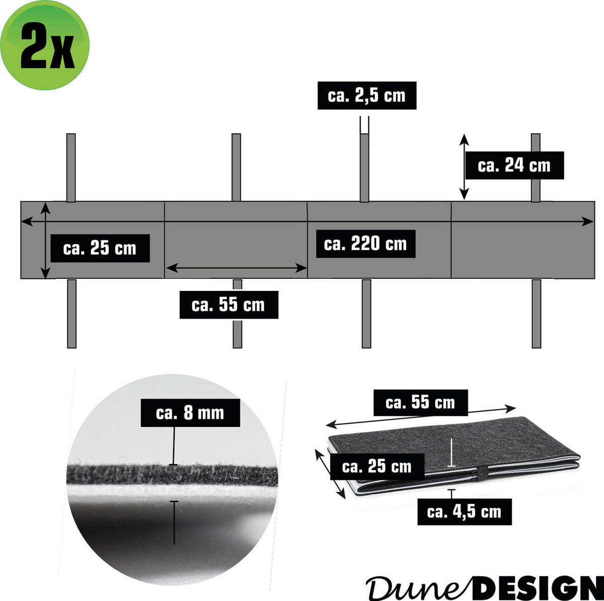 BIERBANKAUFLAGE Filz, Anthrazit, 220/25/0,8 cm - Grau, Kunststoff (25/1/220cm) - Dunedesign