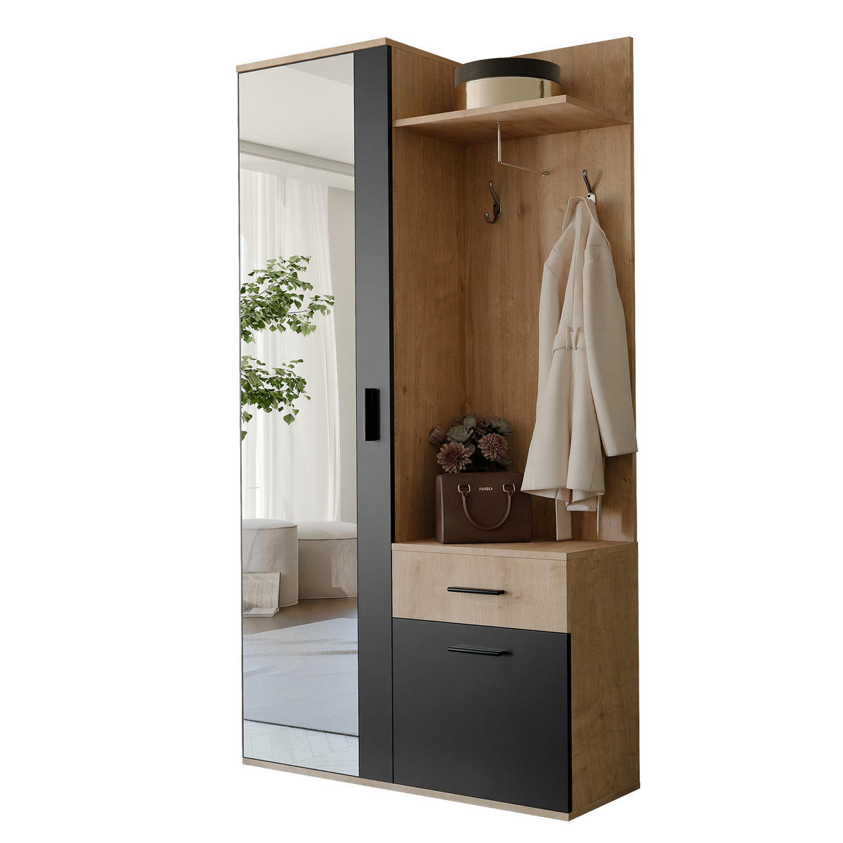 GARDEROBENSCHRANK mit Spiegel-mit Ablagen und Kleiderstange - Schwarz/Braun, Holzwerkstoff (97/195/30cm) - Idohome