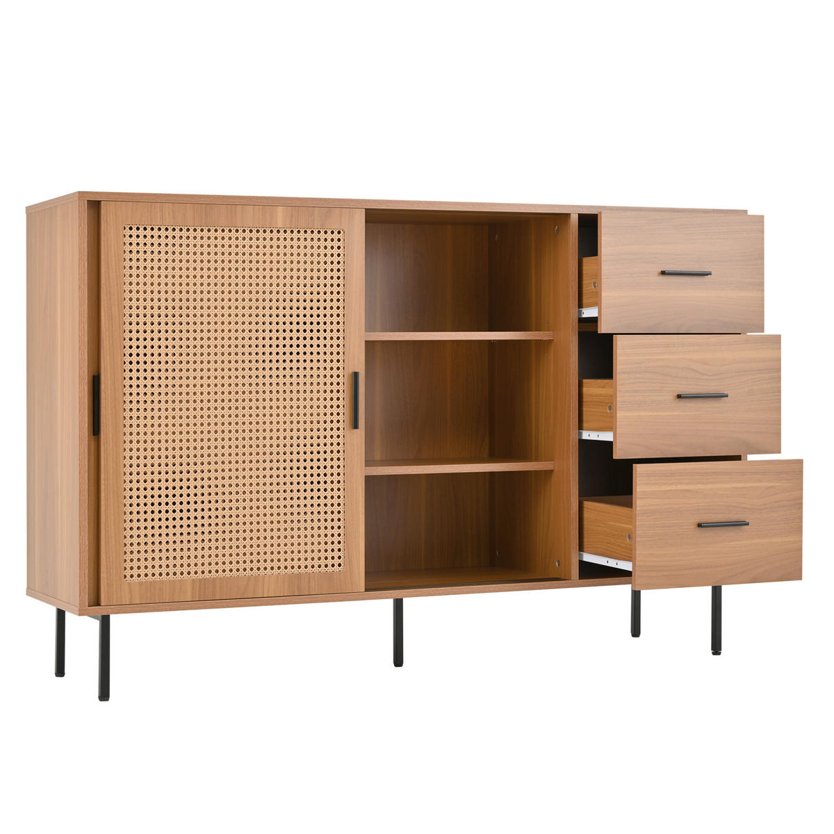 SIDEBOARD aus Spanplatte 140x37x91 cm Natur mit Rattan-Schiebetüren und 3 Schubladen - Naturfarben, Holzwerkstoff (140/91/37cm) - IVMEU