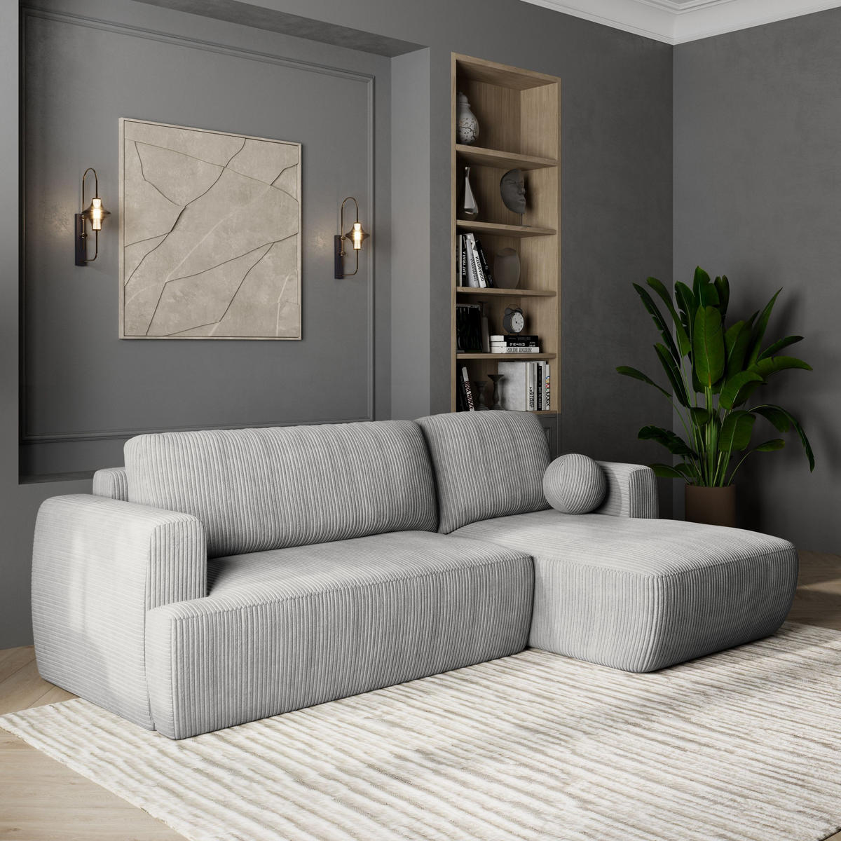 ECKSOFA SENTI P R-S Hellgrau Kordstoff mit Schlaffunktion - Hellgrau, Holz (246/148cm) - MASSENO