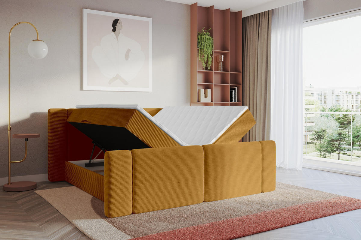 BOXBETT mit Matratze H3 - EVON Zanozek - 120x200 cm Senfgelb - Dunkelgelb, Holzwerkstoff (120/200cm) - ALTDECOR