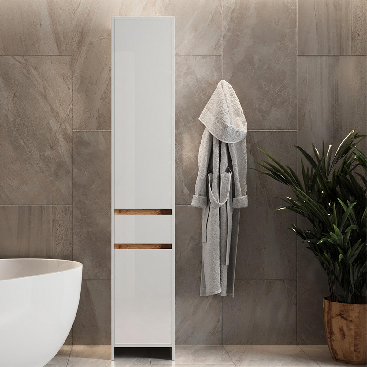 BADSCHRANK Detmold Weiß Hochglanz/Goldkraft Eiche 35 x 190 cm - Honigeiche/Weiß Hochglanz, Holzwerkstoff (35/190/35cm) - Vicco
