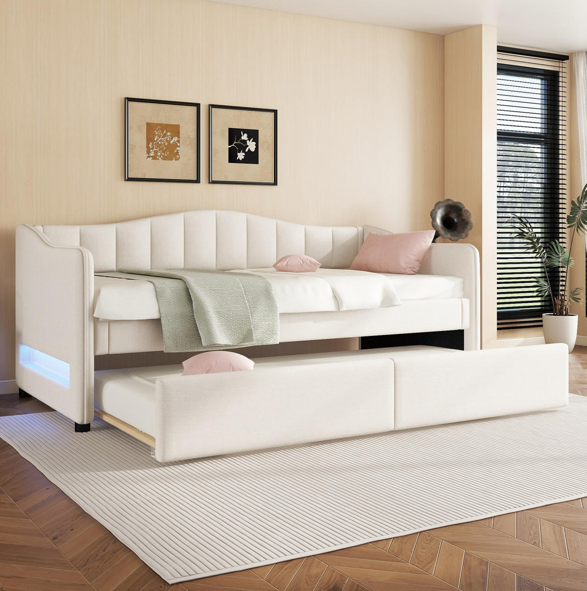 POLSTERBETT 90/200 cm Beige mit Ausziehbett und LED-Beleuchtung aus Leinen und MDF - Beige, Textil (90/200cm) - OKWISH