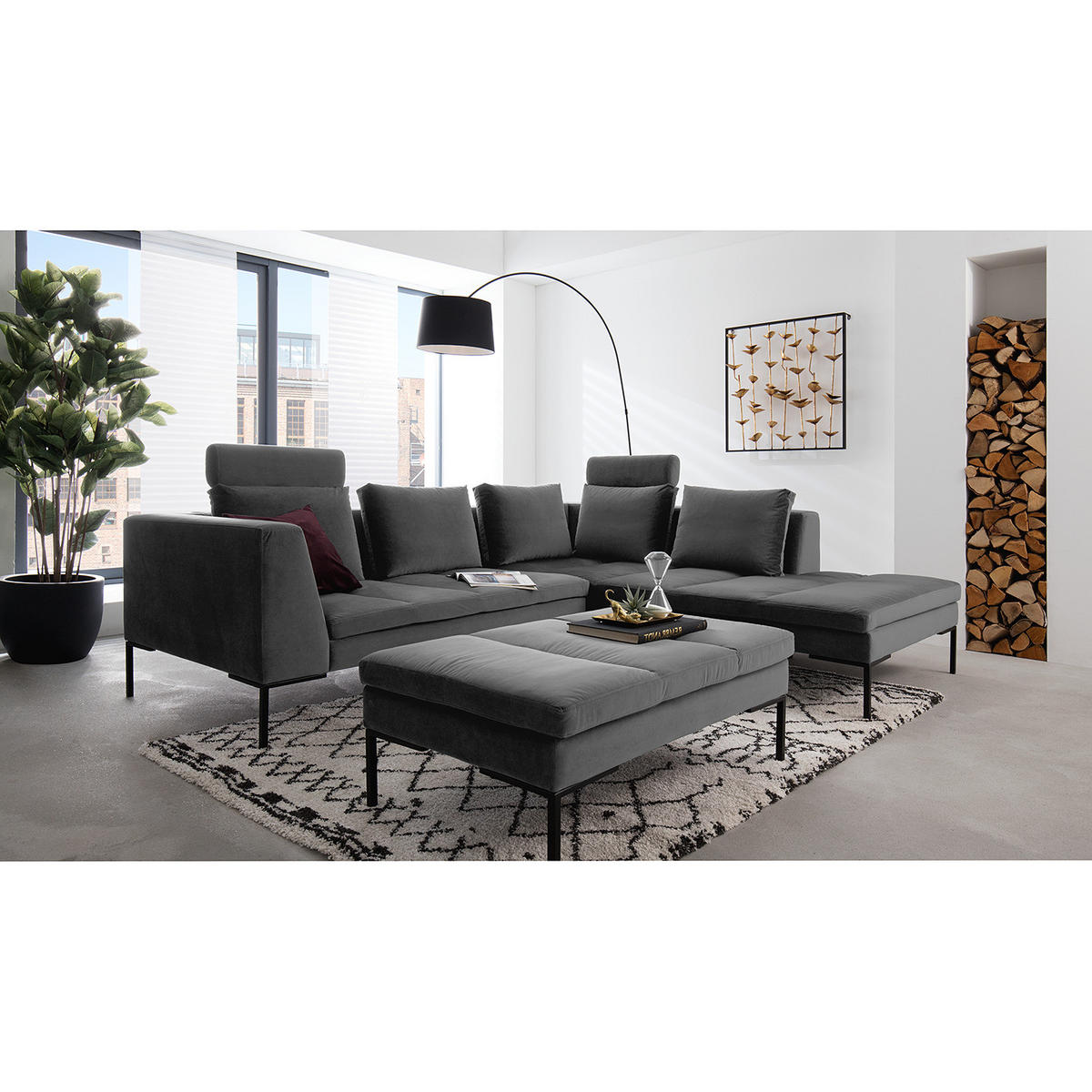 ECKSOFA mit Ottomane - Schwarz/Grau, Textil/Metall (255/230cm) - home24