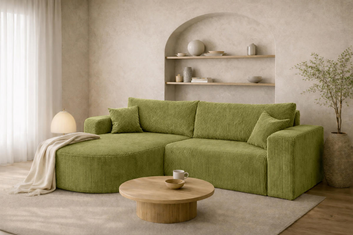ECKSOFA Mit Schlaffunktion, Cordstoff Poso, Olive, Links, ROUND ONE - Olivgrün, Holz (244/175cm) - Kaiser Möbel