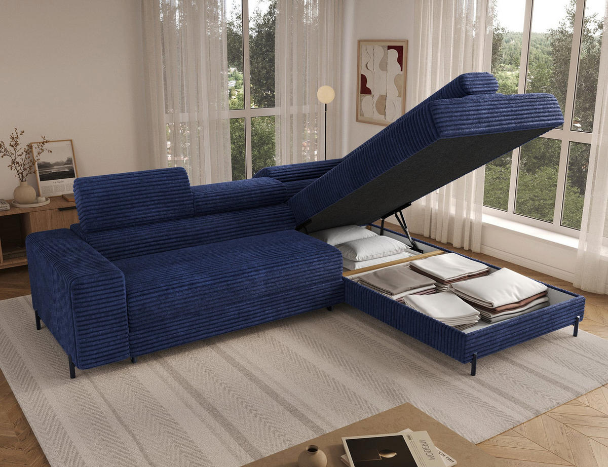 ECKSOFA COLESIO L-Form, Schlaffunktion, Bettkasten, verstellbare Kopfstützen, Wellenfederung, Metallfüße, breiter Cordstoff - Schwarz/Dunkelblau, Kunststoff/Metall (204/269cm) - Wohnideebilder